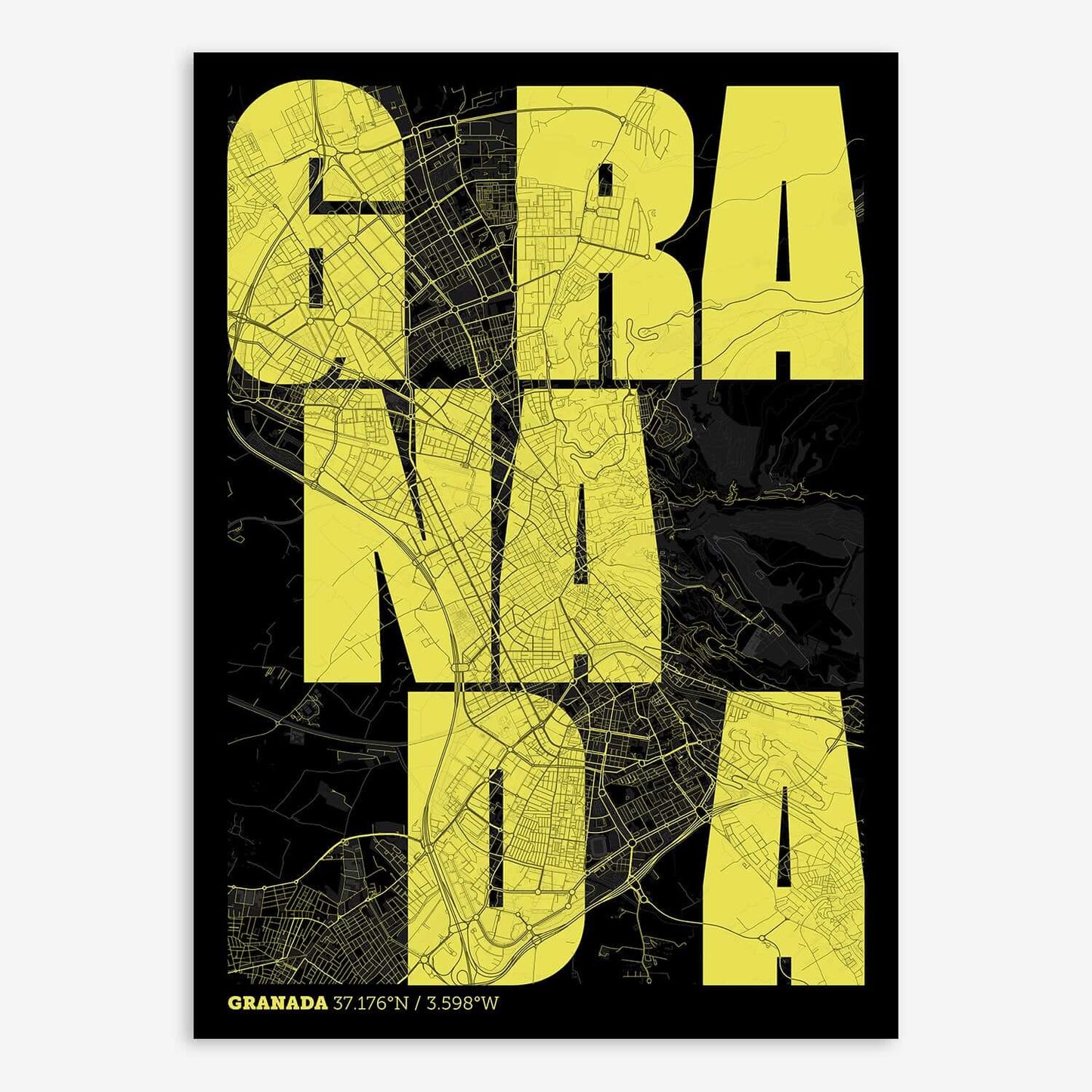 The map of Granada with letters of its name placed randomly, designed in black and yellow