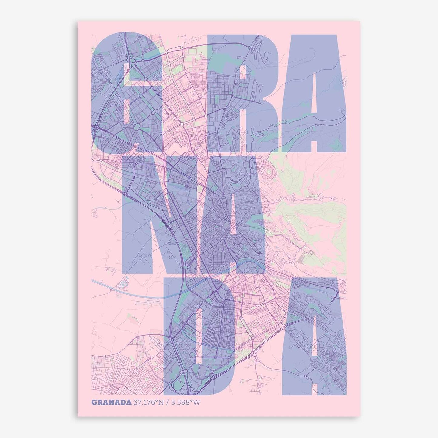 The map of Granada with letters of its name placed randomly, designed in pink and light blue