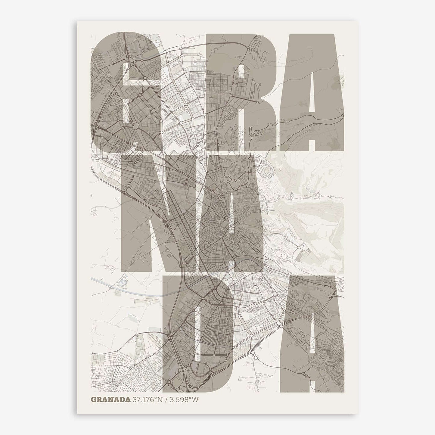 The map of Granada with letters of its name placed randomly, designed in light brown and an off-white background