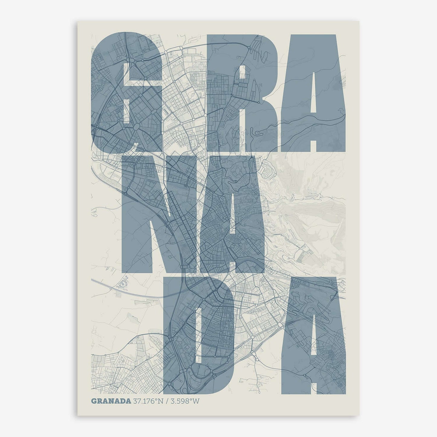 The map of Granada with letters of its name placed randomly, designed in bluish gray and an off-white background