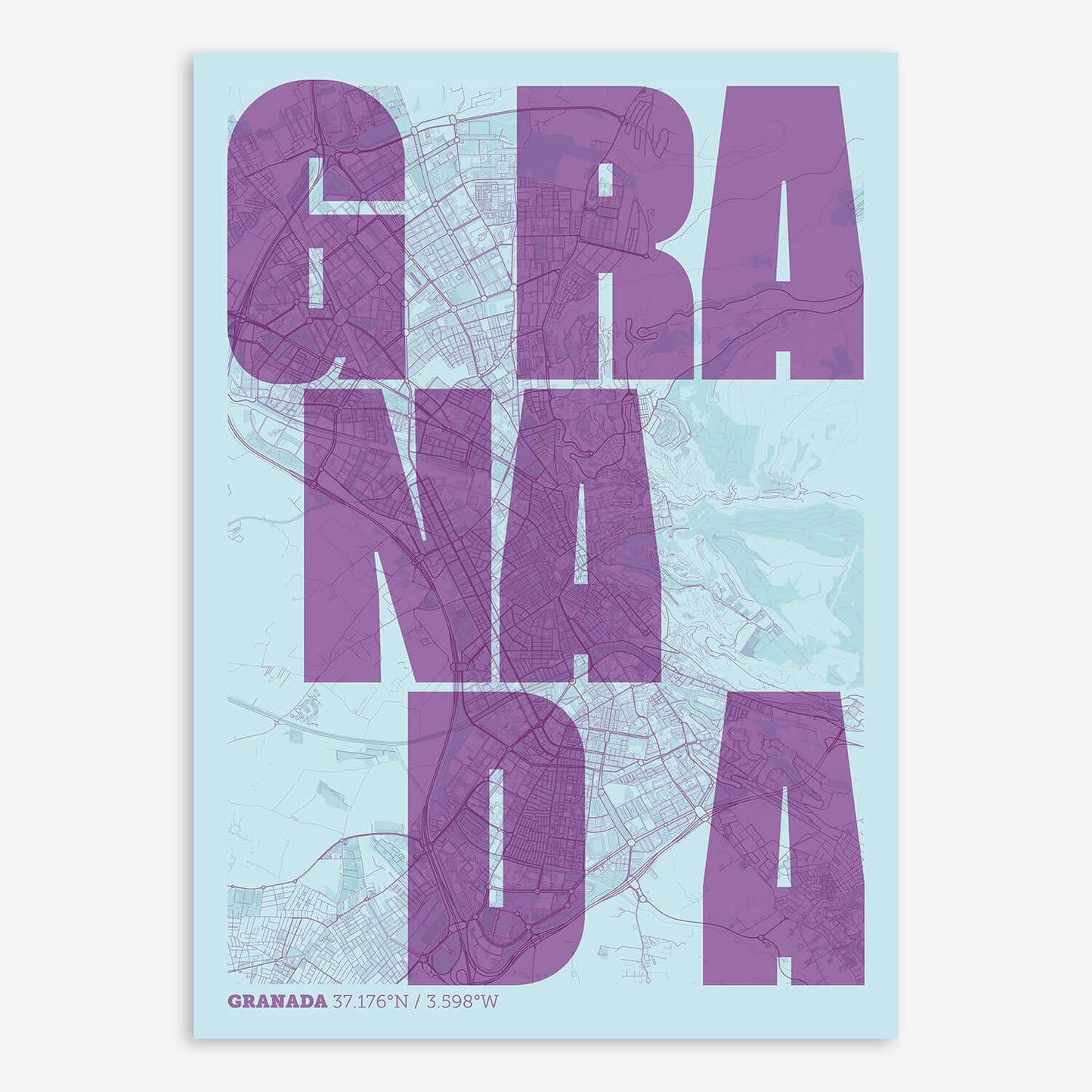 The map of Granada with letters of its name placed randomly, designed in purple and light blue