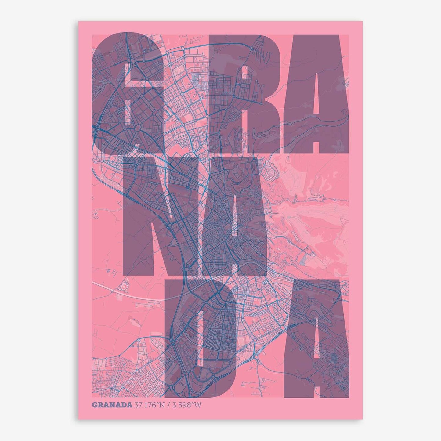 The map of Granada with letters of its name placed randomly, designed in violet y pink background
