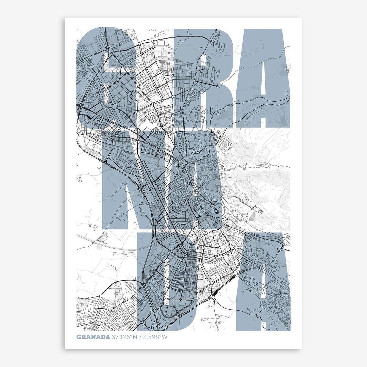 The map of Granada with letters of its name placed randomly, designed in black and white