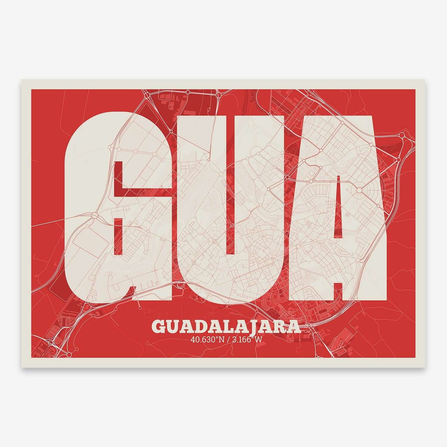 The map of Guadalajara composed with letters in a heavy geometric font printed on red and an off-white background