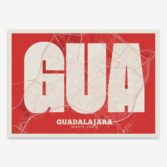 The map of Guadalajara composed with letters in a heavy geometric font printed on red and an off-white background
