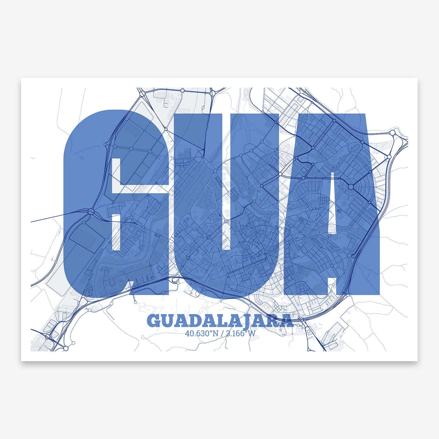 The map of Guadalajara composed with letters in a heavy geometric font printed on navy blue and white