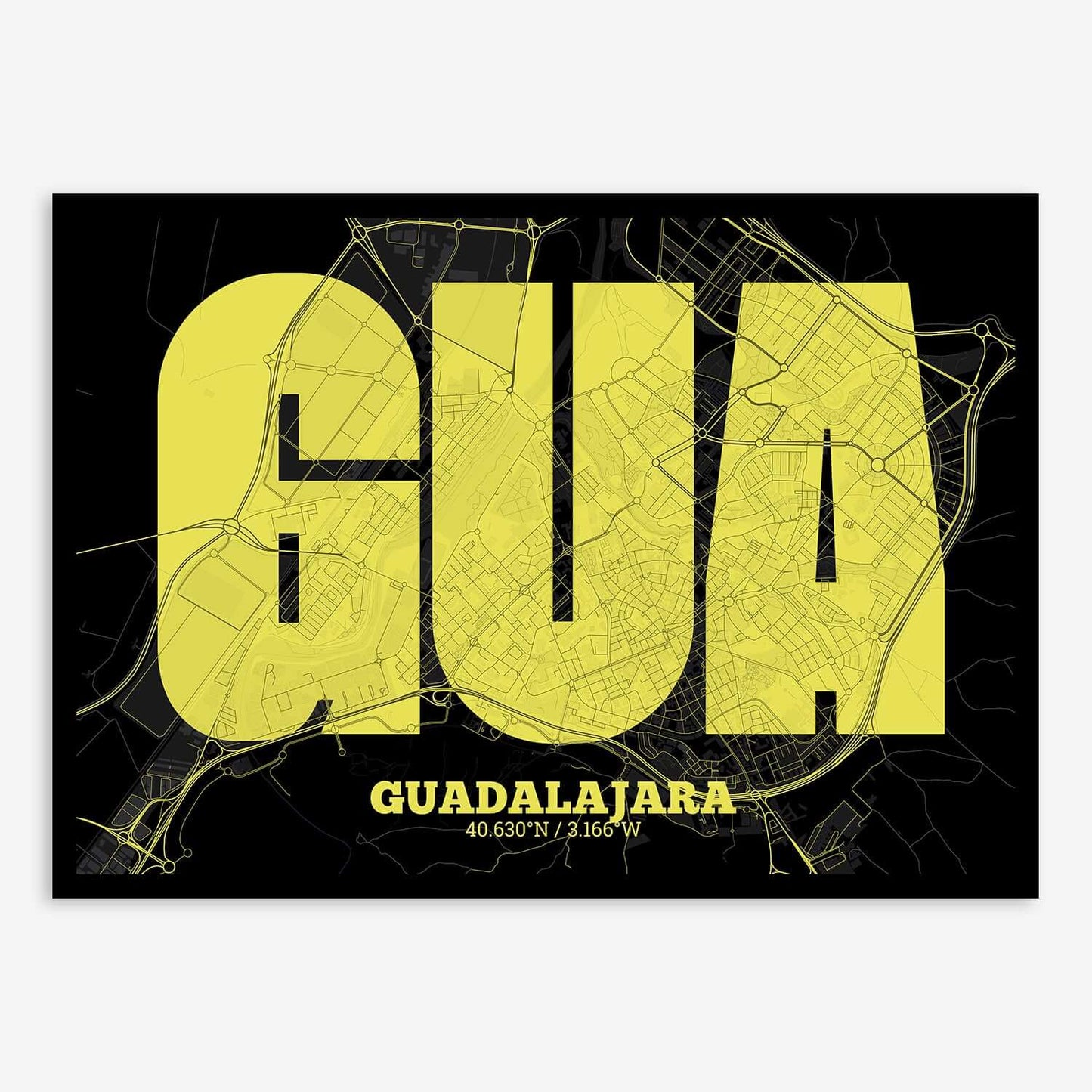 The map of Guadalajara composed with letters in a heavy geometric font printed on black and yellow