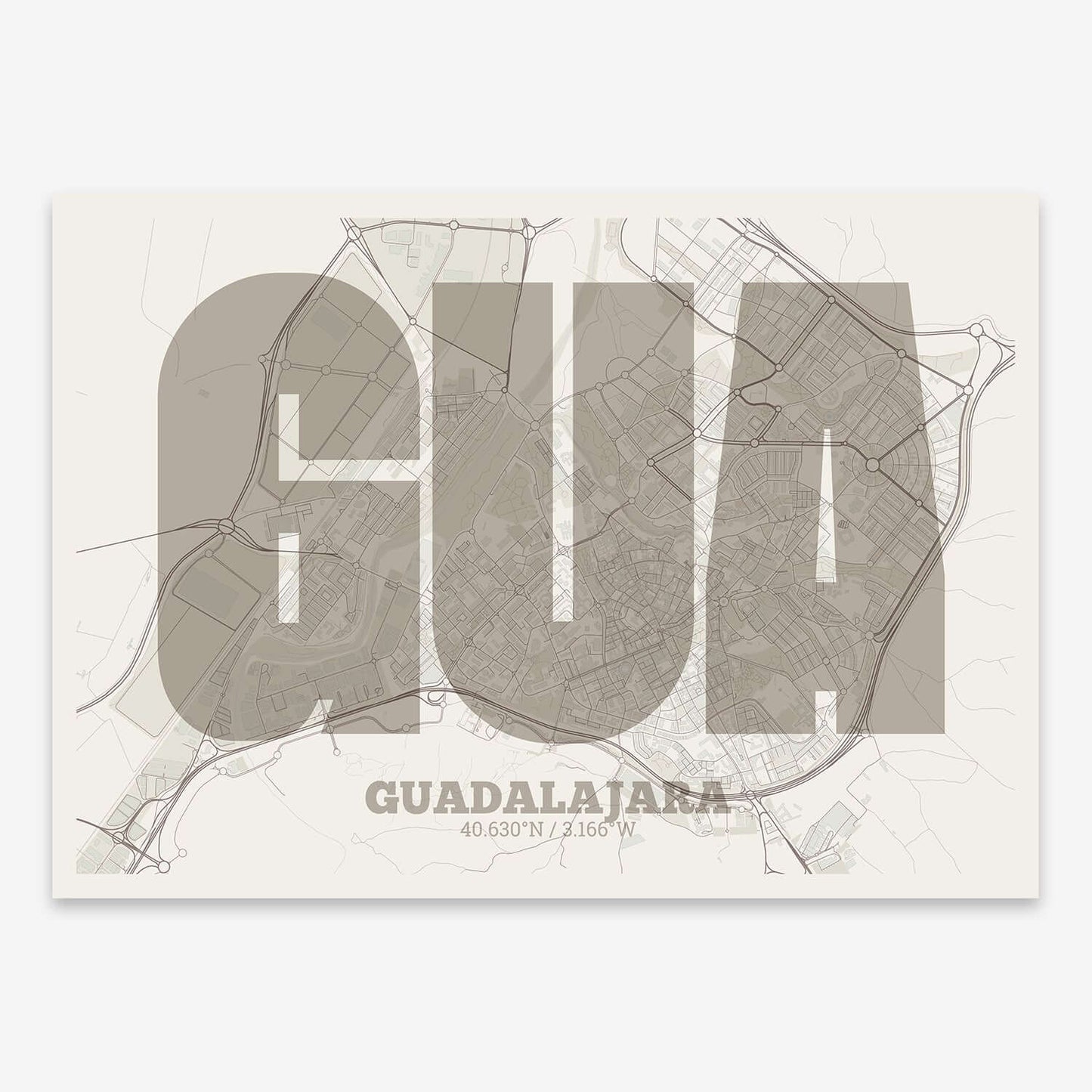 The map of Guadalajara composed with letters in a heavy geometric font printed on light brown and an off-white background
