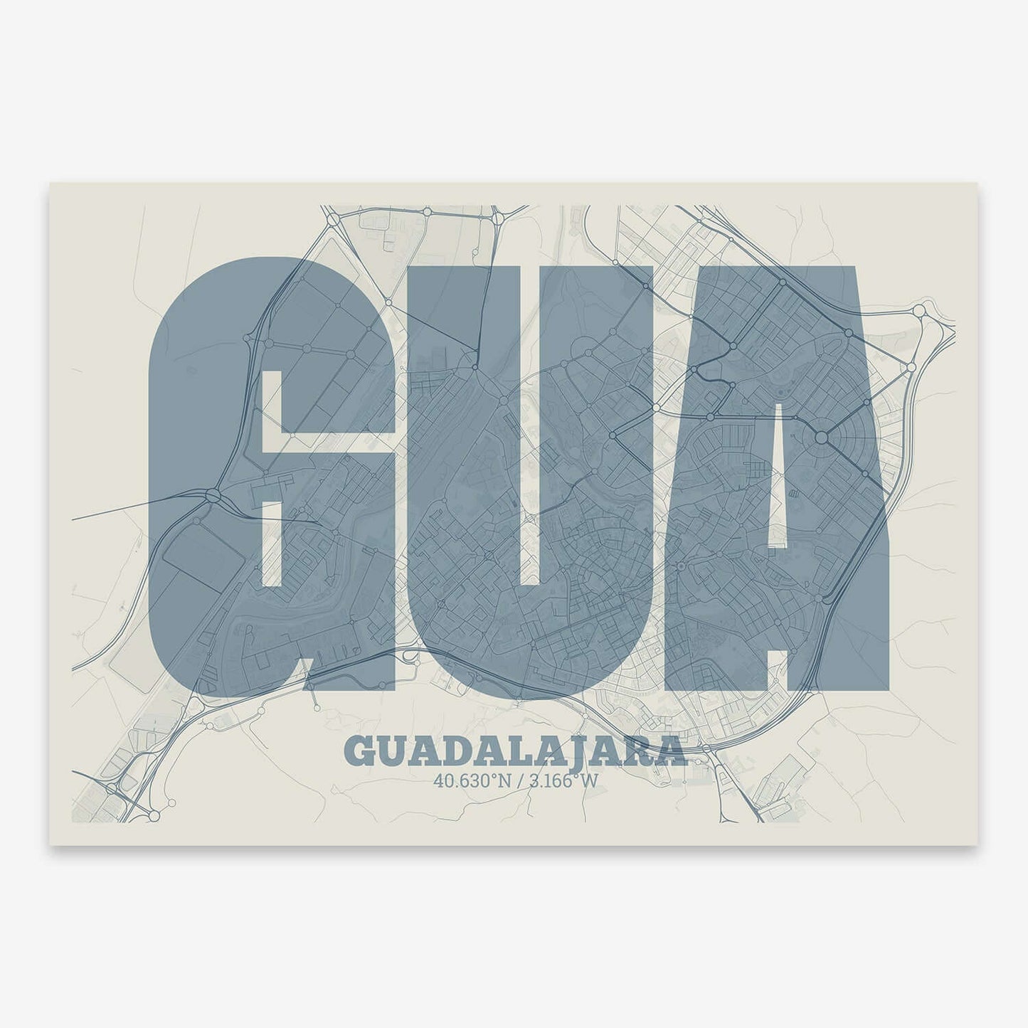 The map of Guadalajara composed with letters in a heavy geometric font printed on bluish gray and an off-white background