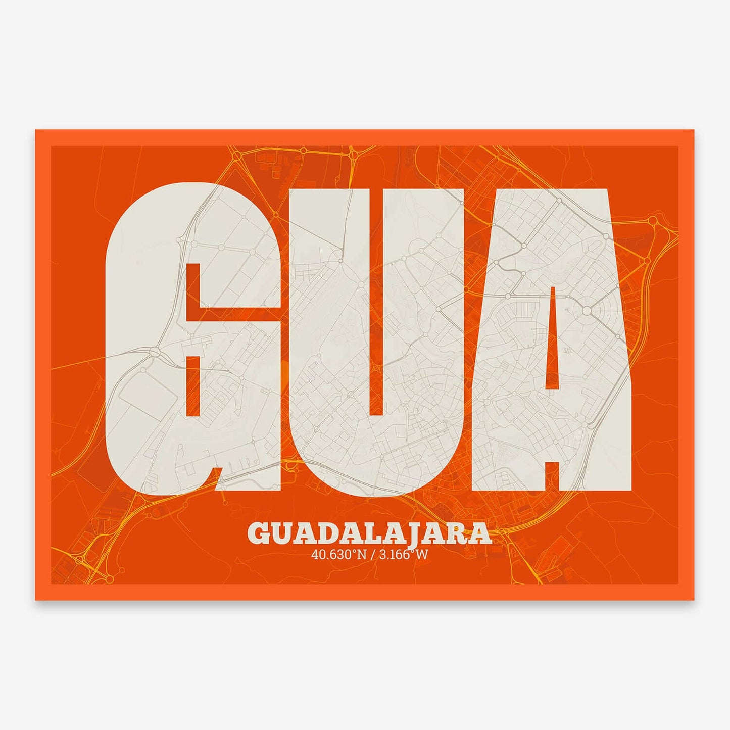 The map of Guadalajara composed with letters in a heavy geometric font printed on orange and an off-white background
