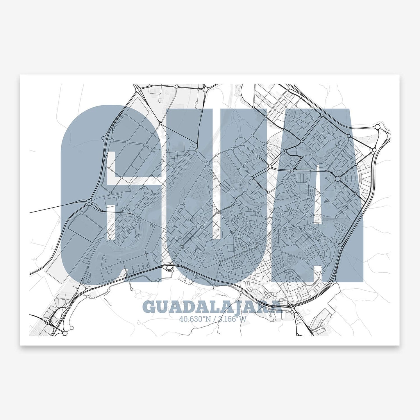 The map of Guadalajara composed with letters in a heavy geometric font printed on black and white