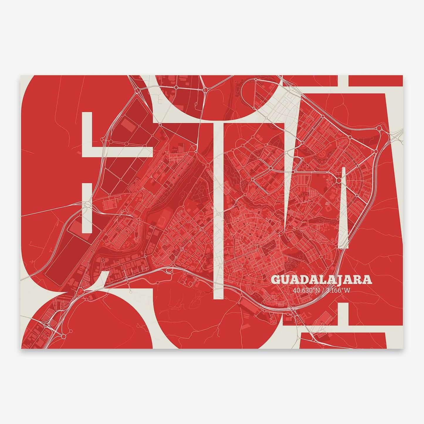 The map of Guadalajara composed with letters from its name or IATA code printed on red and an off-white background
