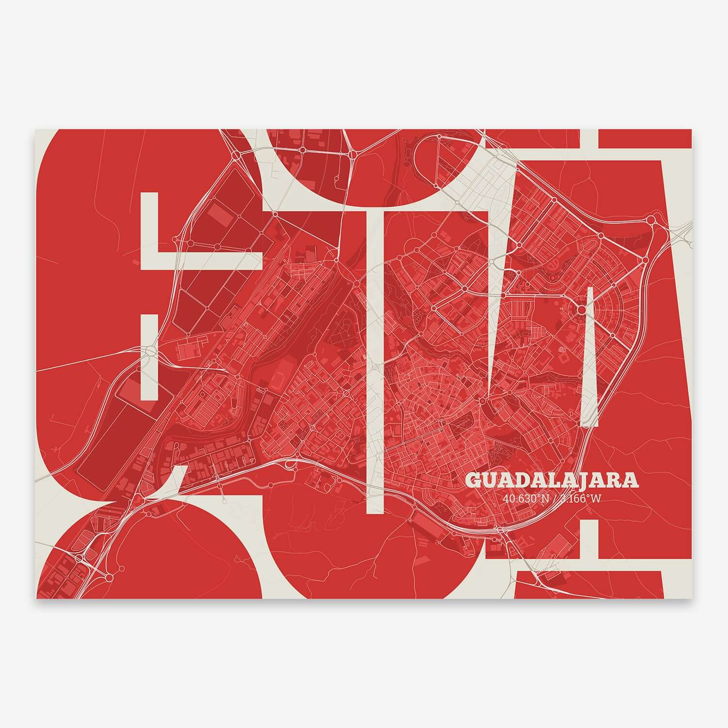 The map of Guadalajara composed with letters from its name or IATA code printed on red and an off-white background