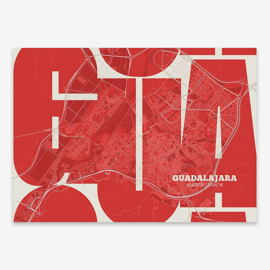 The map of Guadalajara composed with letters from its name or IATA code printed on red and an off-white background