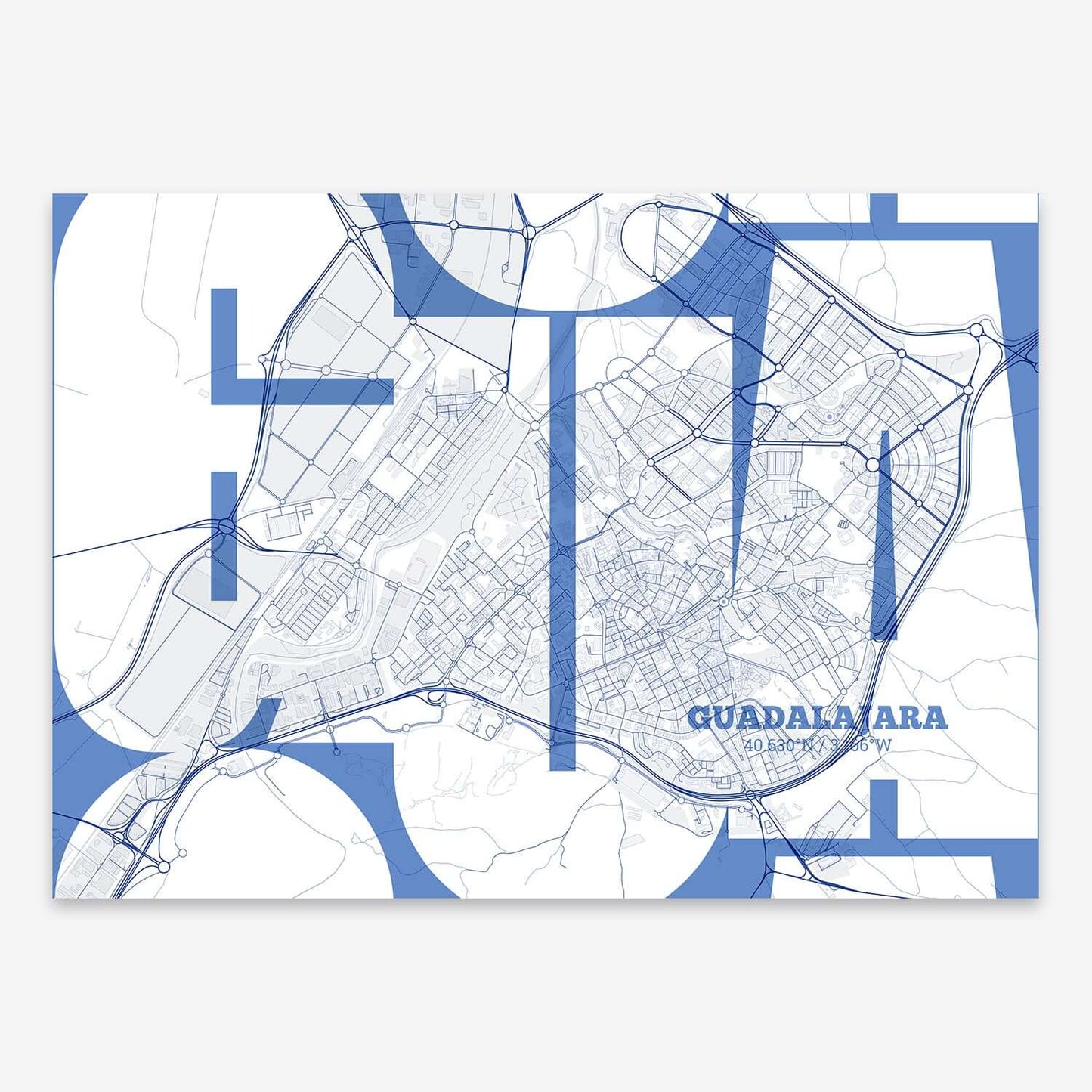 The map of Guadalajara composed with letters from its name or IATA code printed on navy blue and white