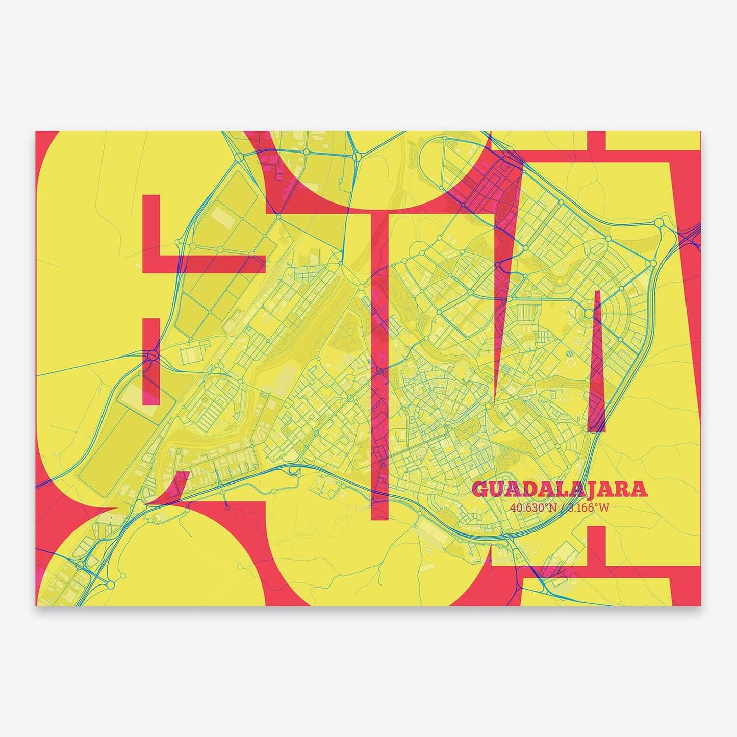 The map of Guadalajara composed with letters from its name or IATA code printed on yellow and fuchsia