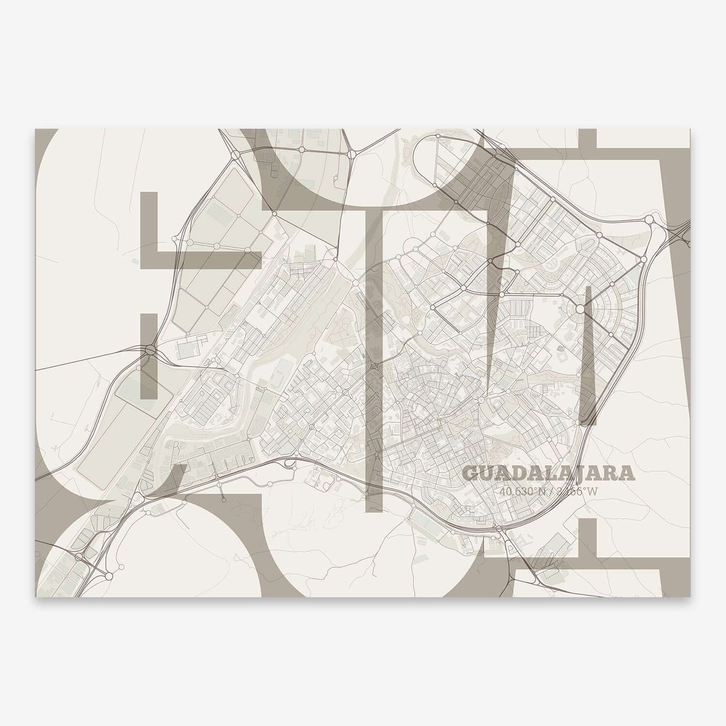 The map of Guadalajara composed with letters from its name or IATA code printed on light brown and an off-white background