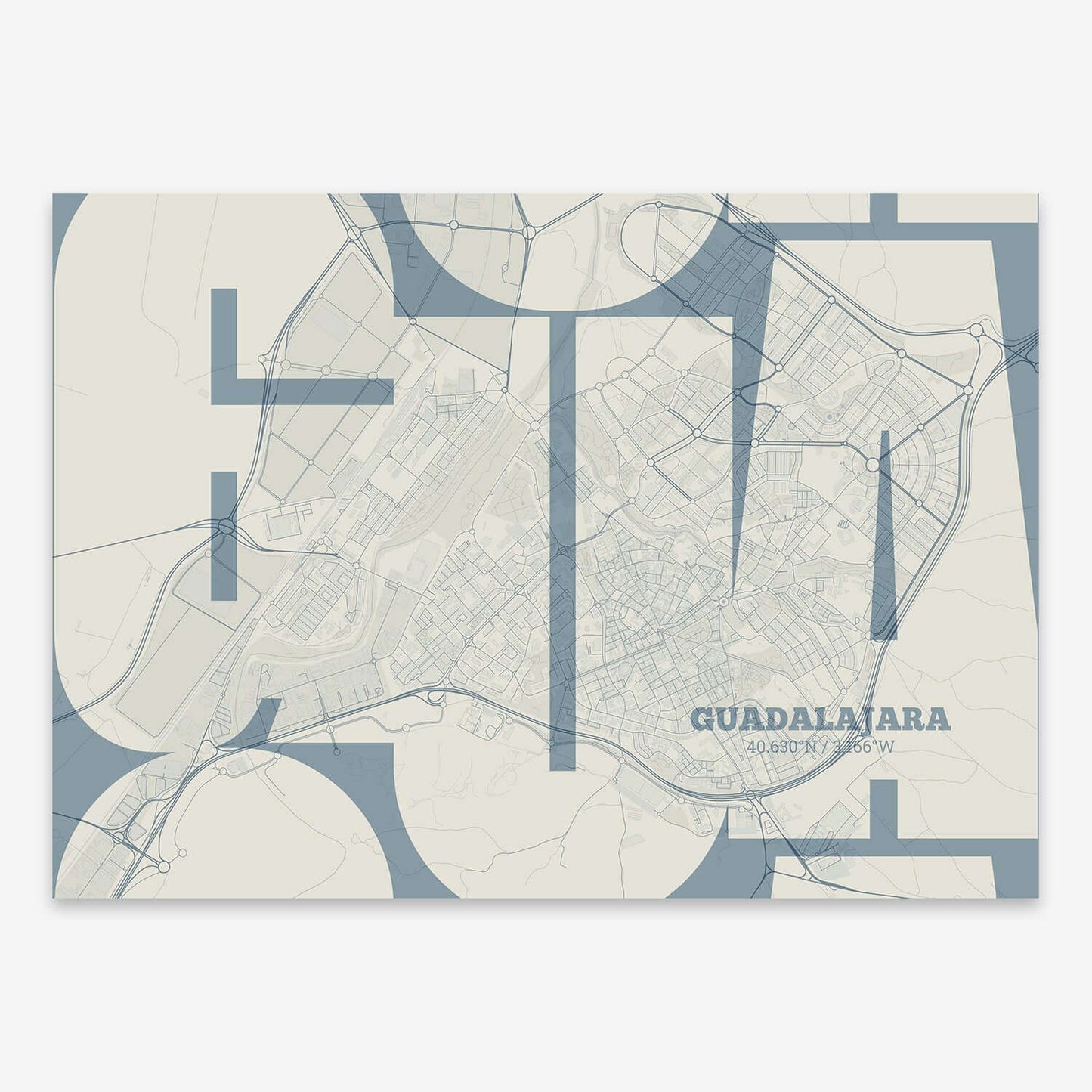The map of Guadalajara composed with letters from its name or IATA code printed on bluish gray and an off-white background