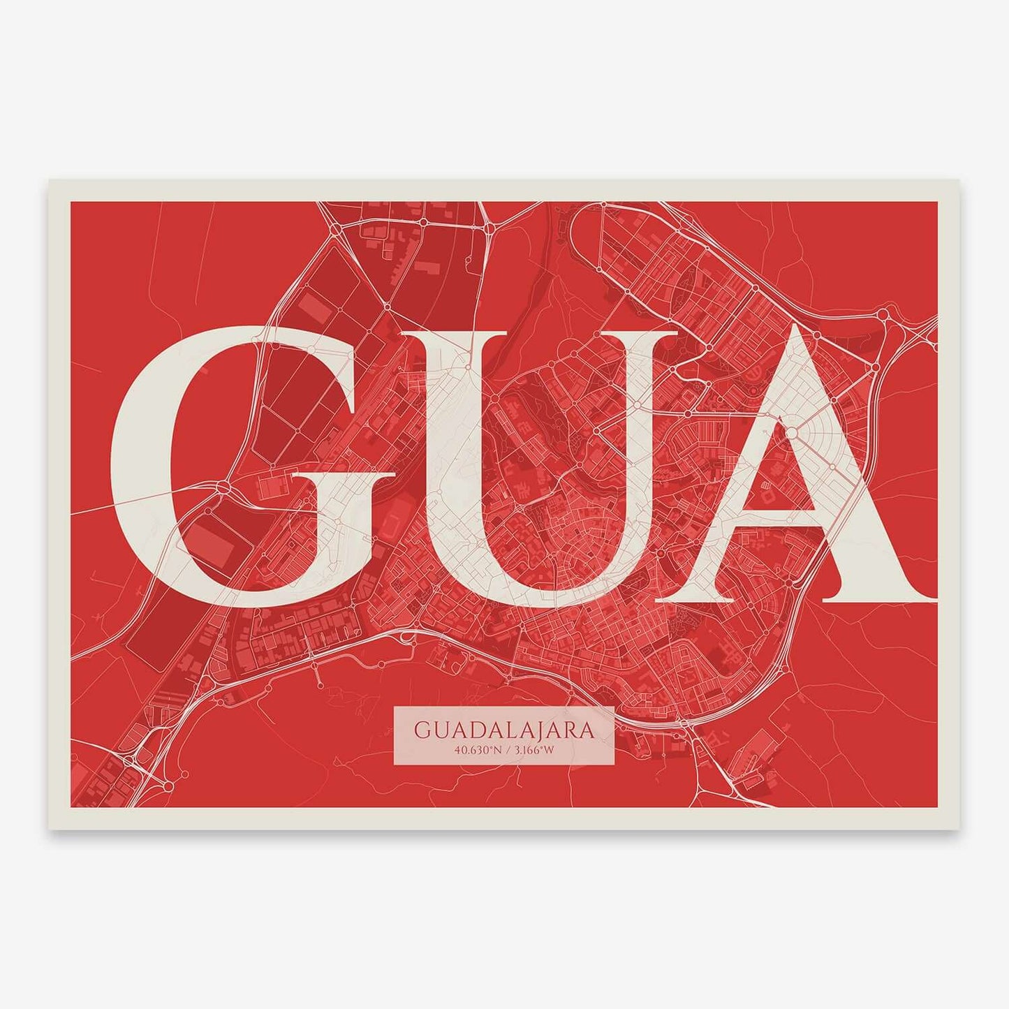The map of Guadalajara composed with letters in serif font printed on red and an off-white background