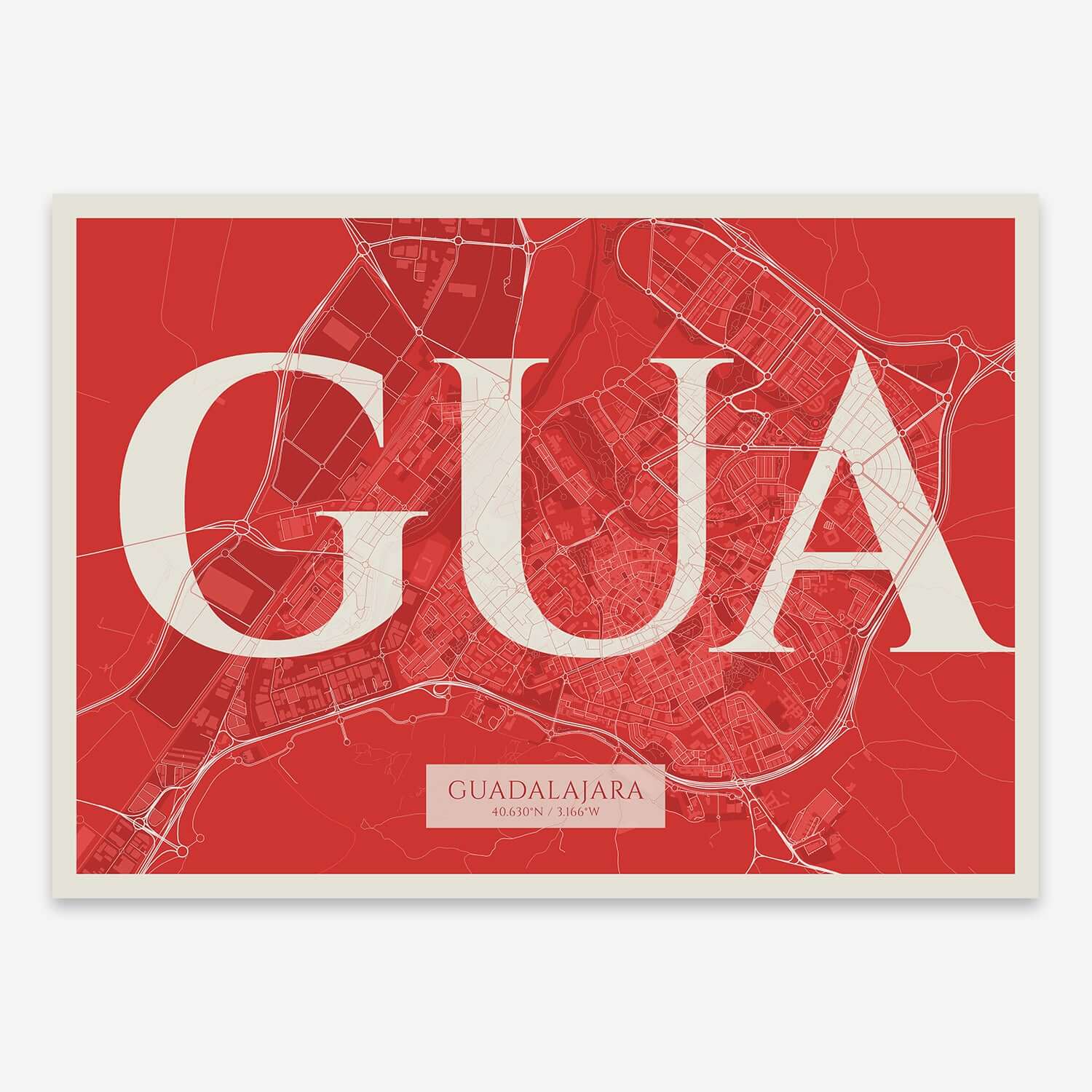 The map of Guadalajara composed with letters in serif font printed on red and an off-white background