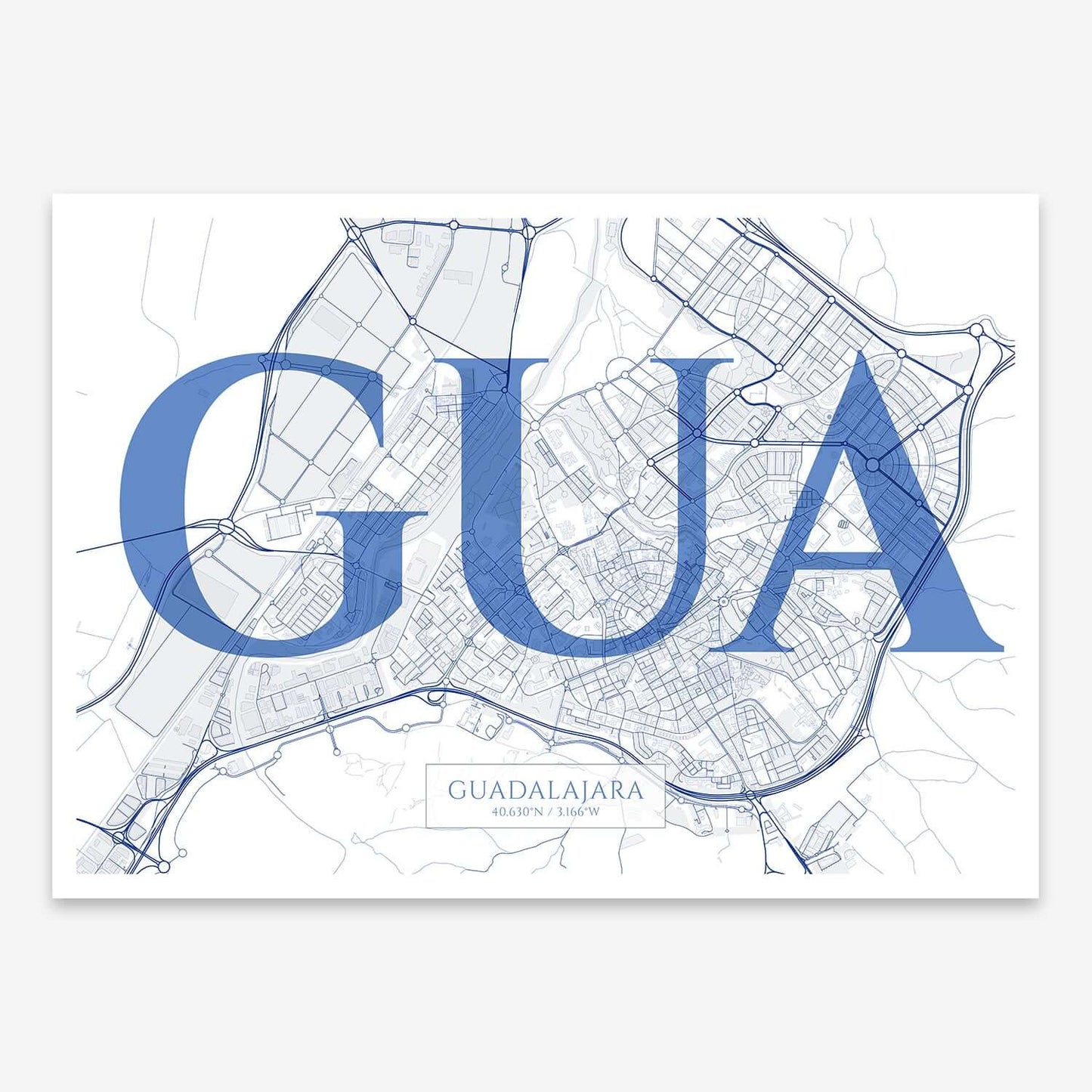 The map of Guadalajara composed with letters in serif font printed on navy blue and white