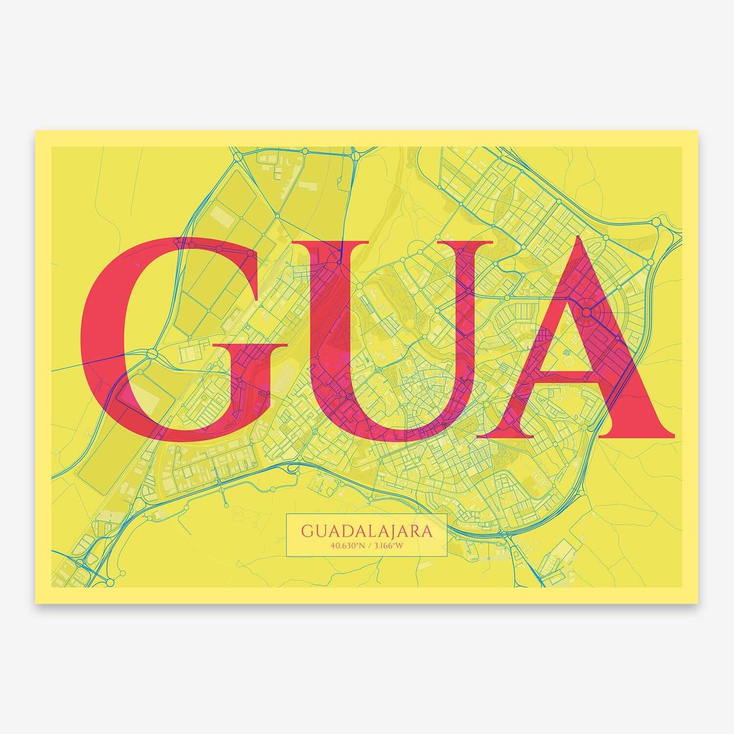 The map of Guadalajara composed with letters in serif font printed on yellow and fuchsia