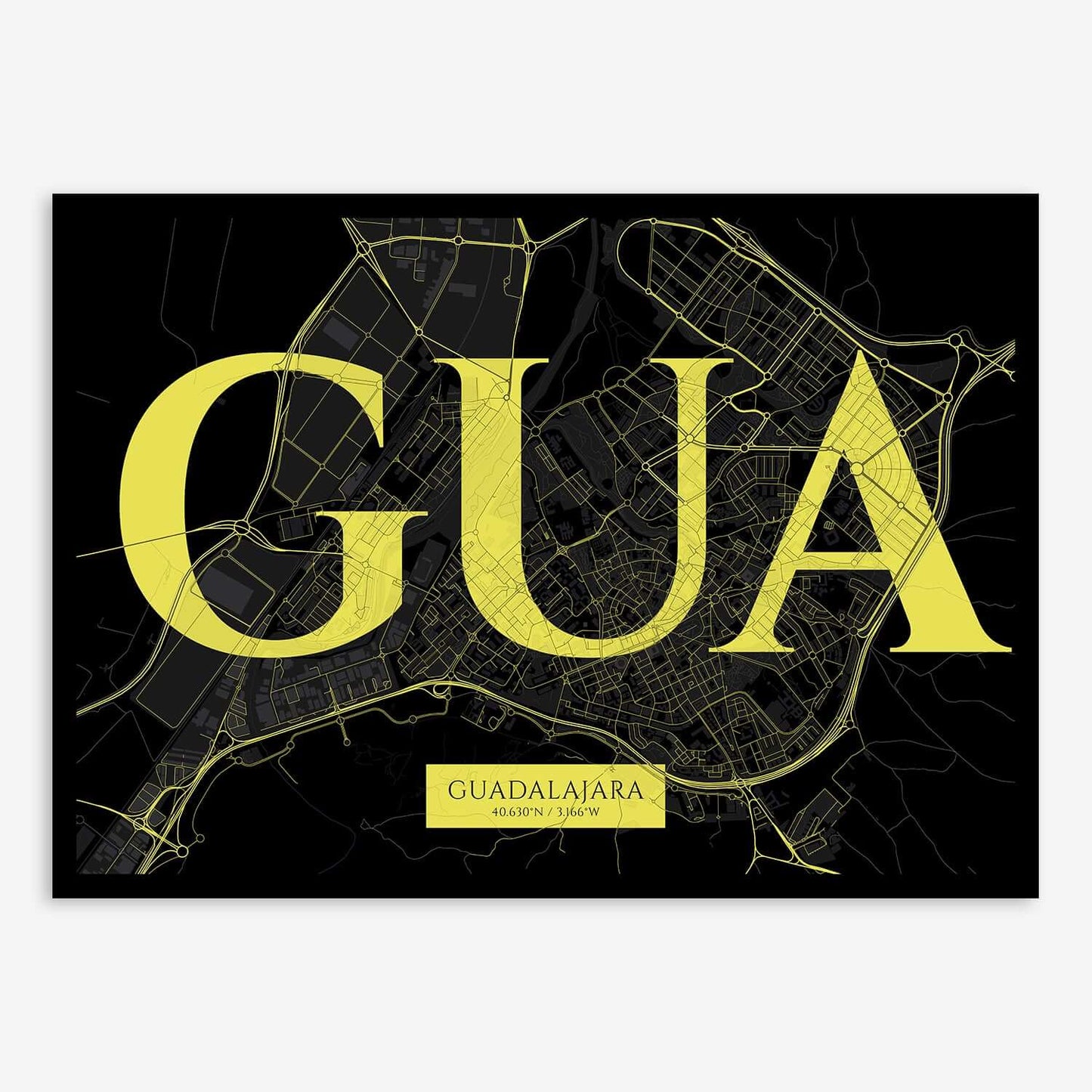 The map of Guadalajara composed with letters in serif font printed on black and yellow
