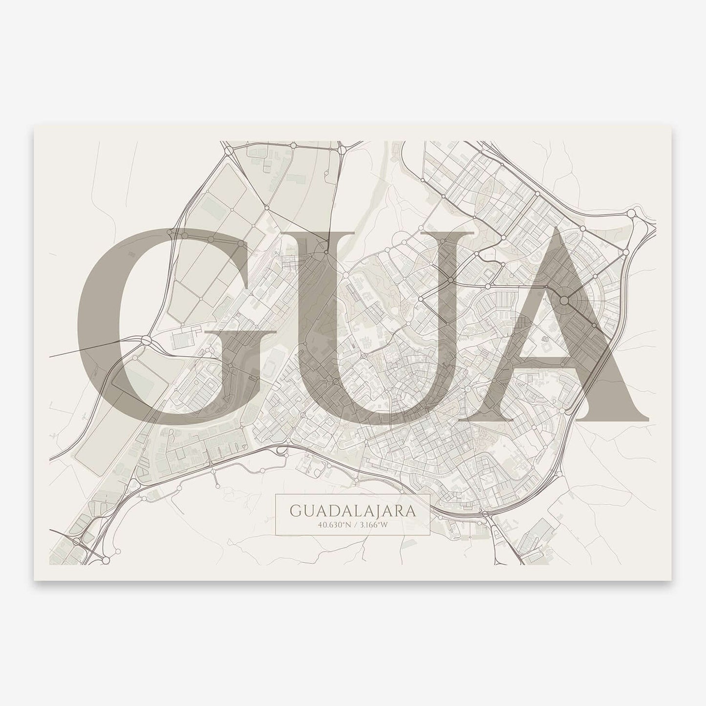 The map of Guadalajara composed with letters in serif font printed on light brown and an off-white background