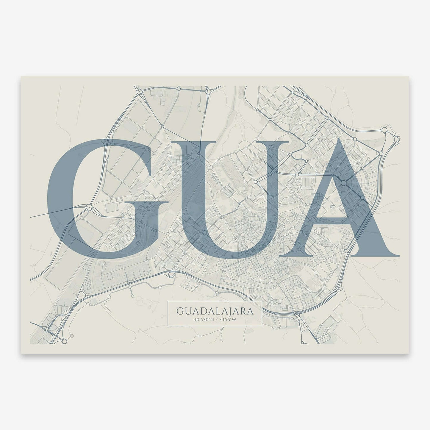 The map of Guadalajara composed with letters in serif font printed on bluish gray and an off-white background