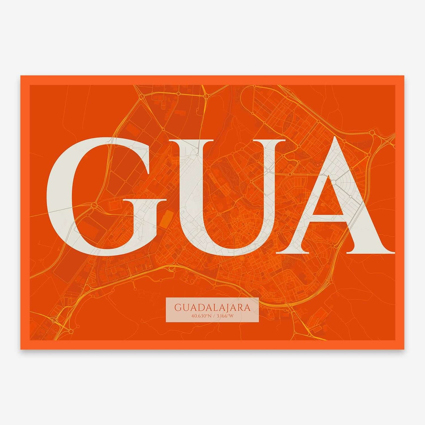 The map of Guadalajara composed with letters in serif font printed on orange and an off-white background
