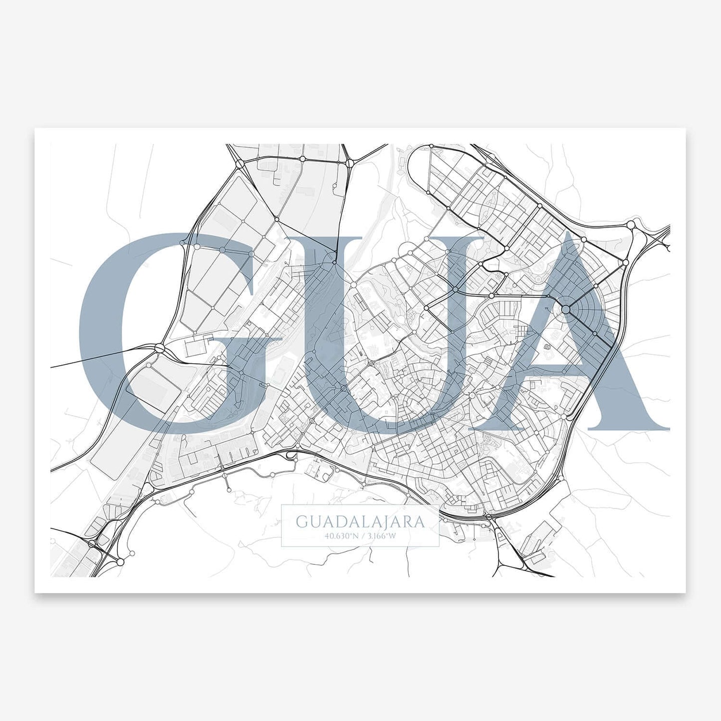 The map of Guadalajara composed with letters in serif font printed on black and white