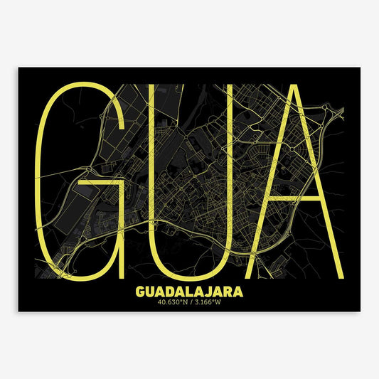 The map of Guadalajara composed with letters in extra light font printed on black and yellow
