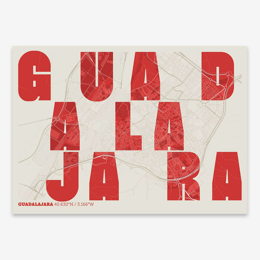 The map of Guadalajara with letters of its name placed randomly, designed in red and an off-white background