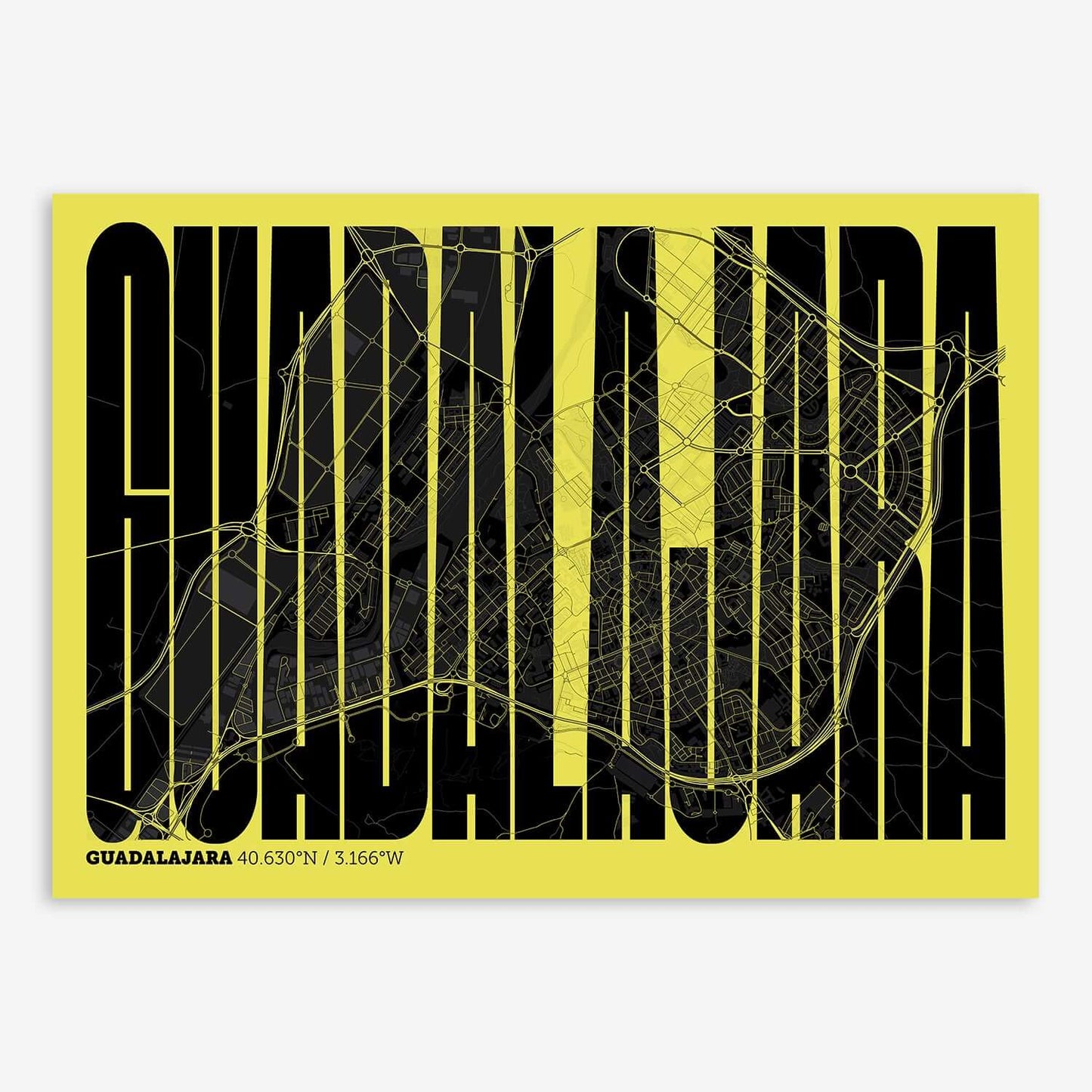 The map of Guadalajara and letters of its name in a giclée print designed in black and yellow