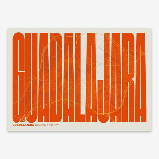 The map of Guadalajara and letters of its name in a giclée print designed in orange and an off-white background