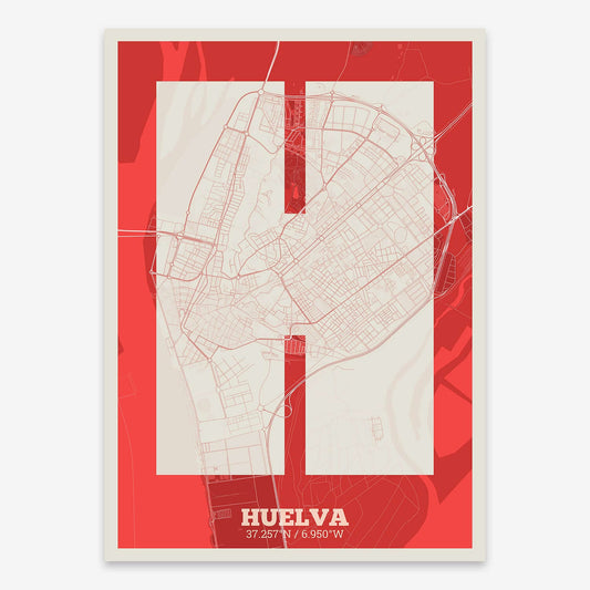 The map of Huelva composed with letters in a heavy geometric font printed on red and an off-white background