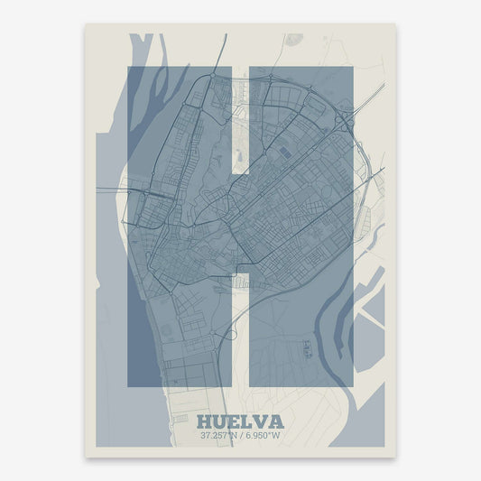 The map of Huelva composed with letters in a heavy geometric font printed on bluish gray and an off-white background
