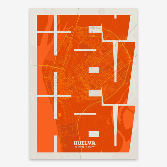 The map of Huelva composed with letters from its name or IATA code printed on orange and an off-white background