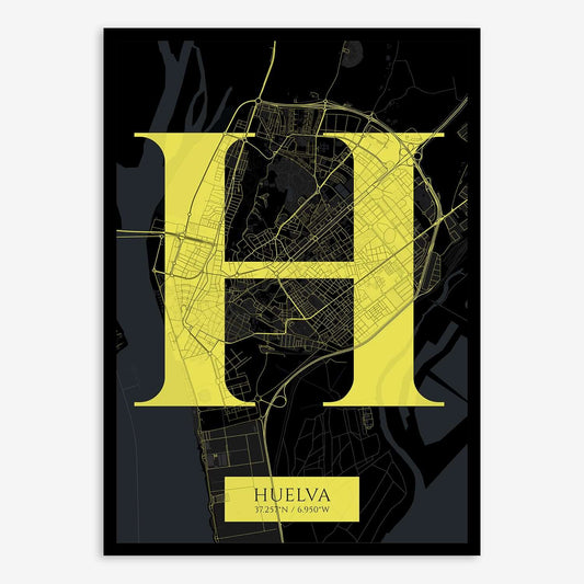 The map of Huelva composed with letters in serif font printed on black and yellow