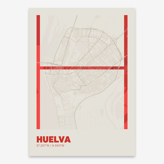 The map of Huelva composed with letters in extra light font printed on red and an off-white background