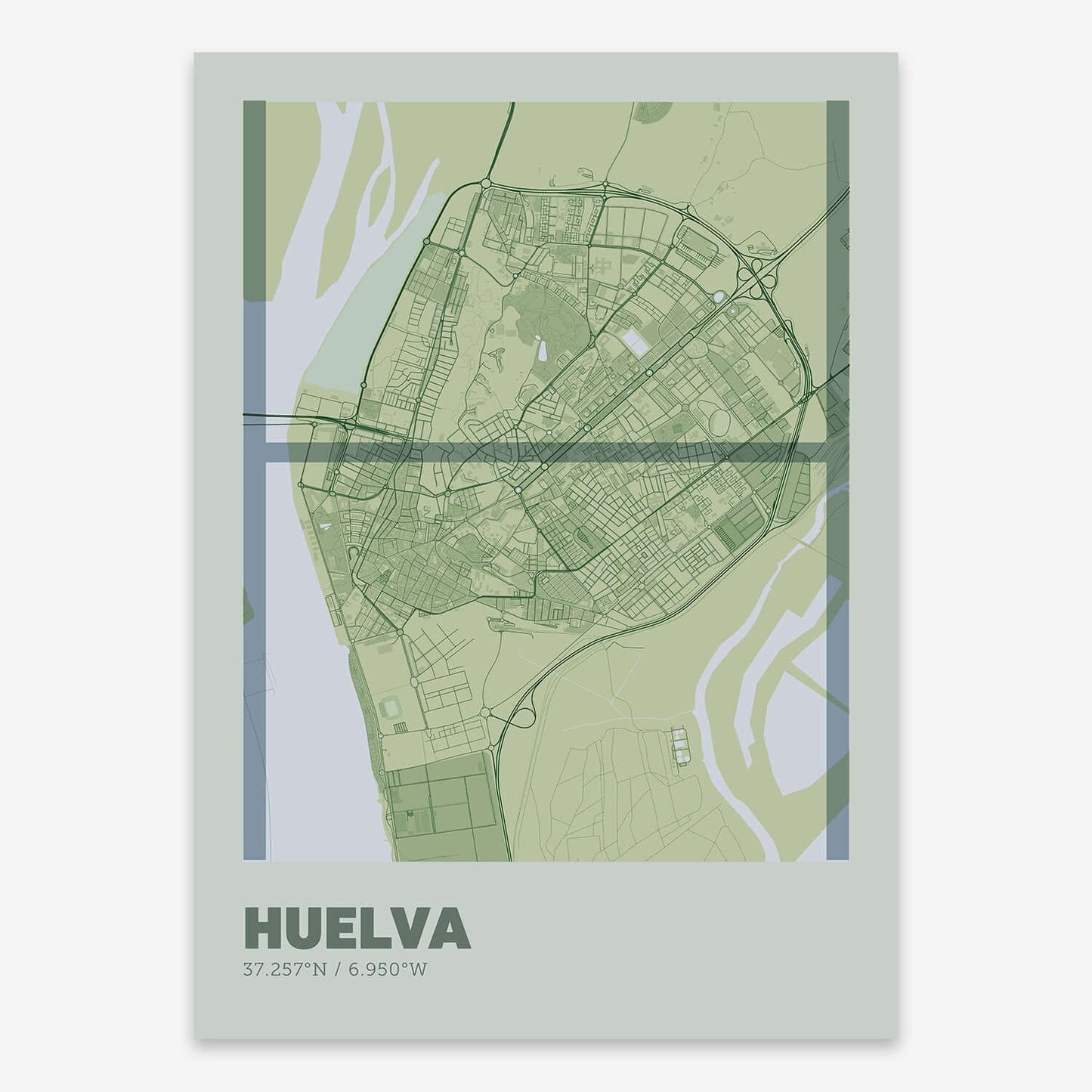 The map of Huelva composed with letters in extra light font printed on two green tones
