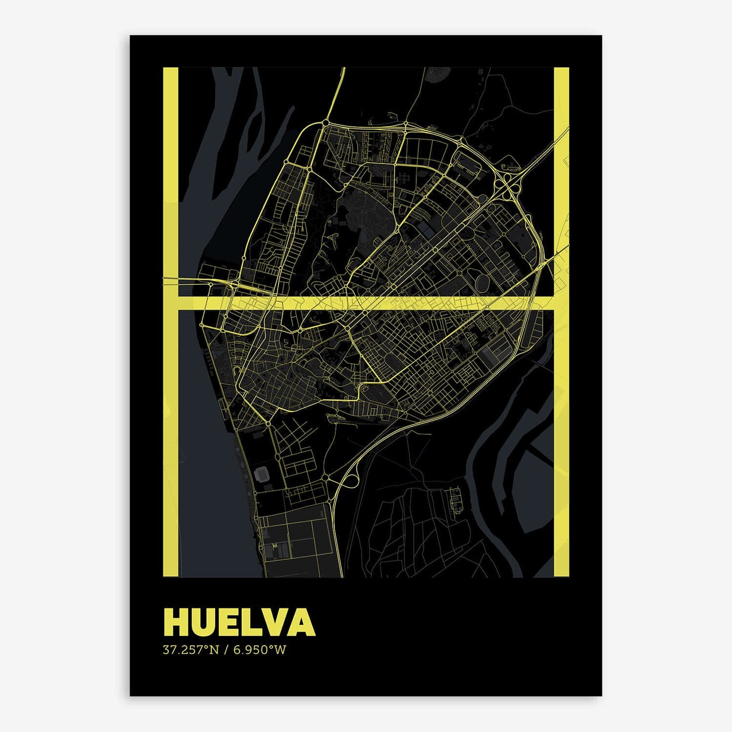 The map of Huelva composed with letters in extra light font printed on black and yellow