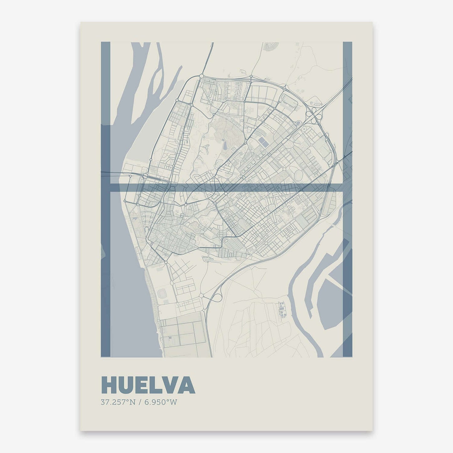 The map of Huelva composed with letters in extra light font printed on bluish gray and an off-white background