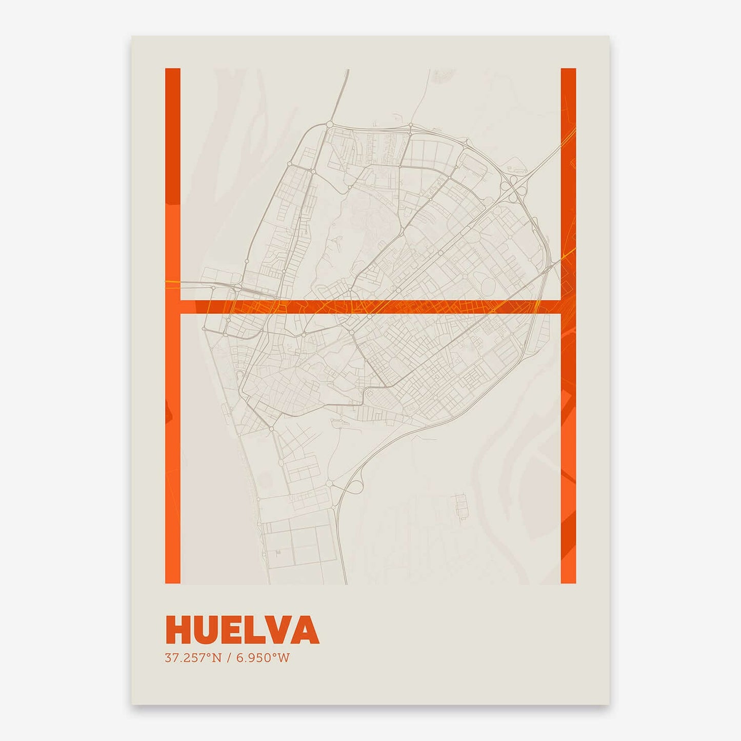 The map of Huelva composed with letters in extra light font printed on orange and an off-white background