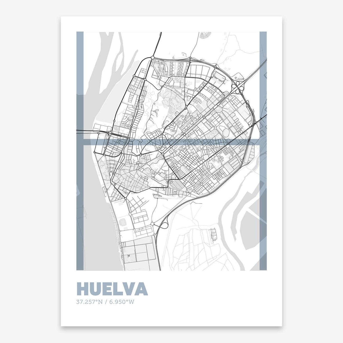 The map of Huelva composed with letters in extra light font printed on black and white