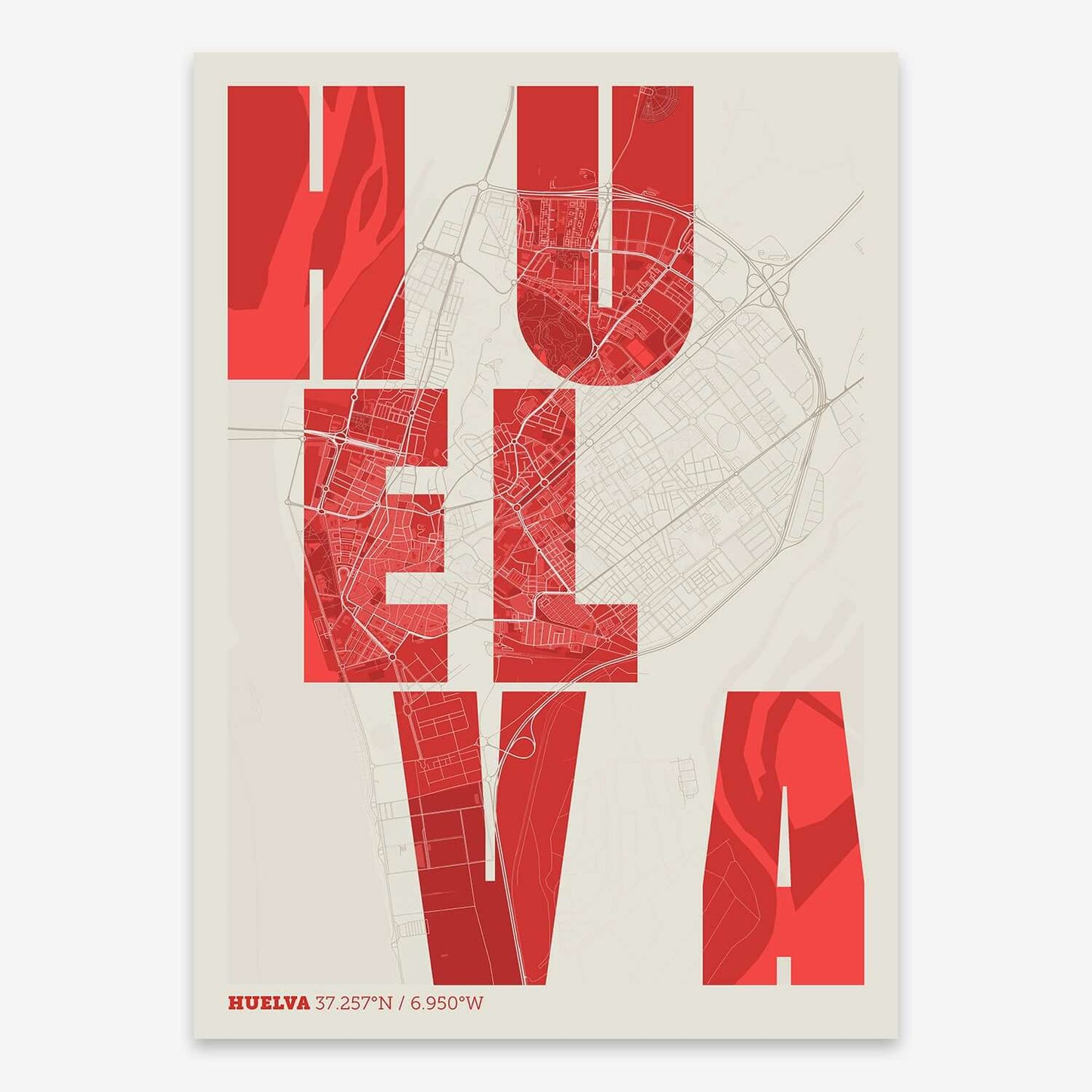 The map of Huelva with letters of its name placed randomly, designed in red and an off-white background