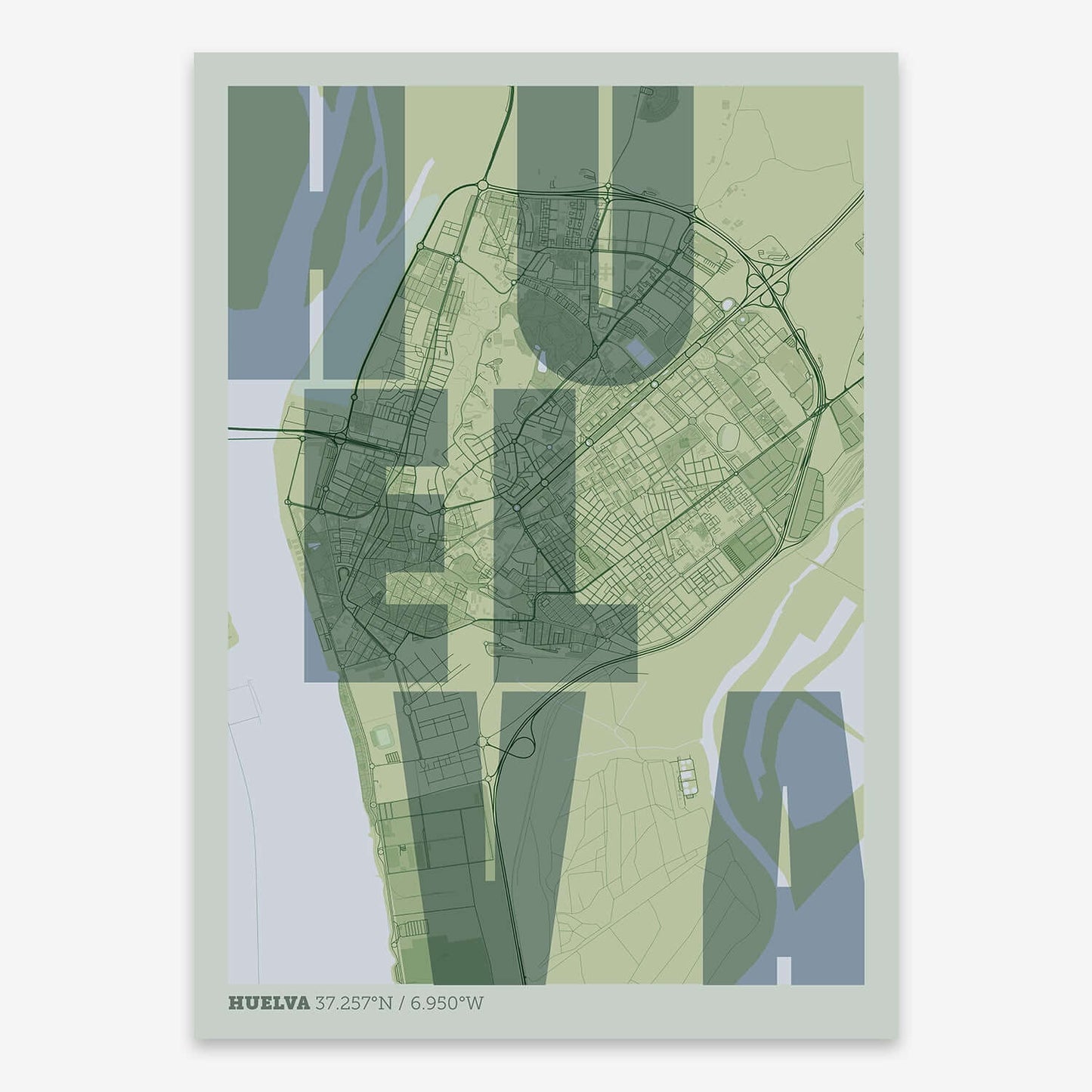 The map of Huelva with letters of its name placed randomly, designed in two green tones