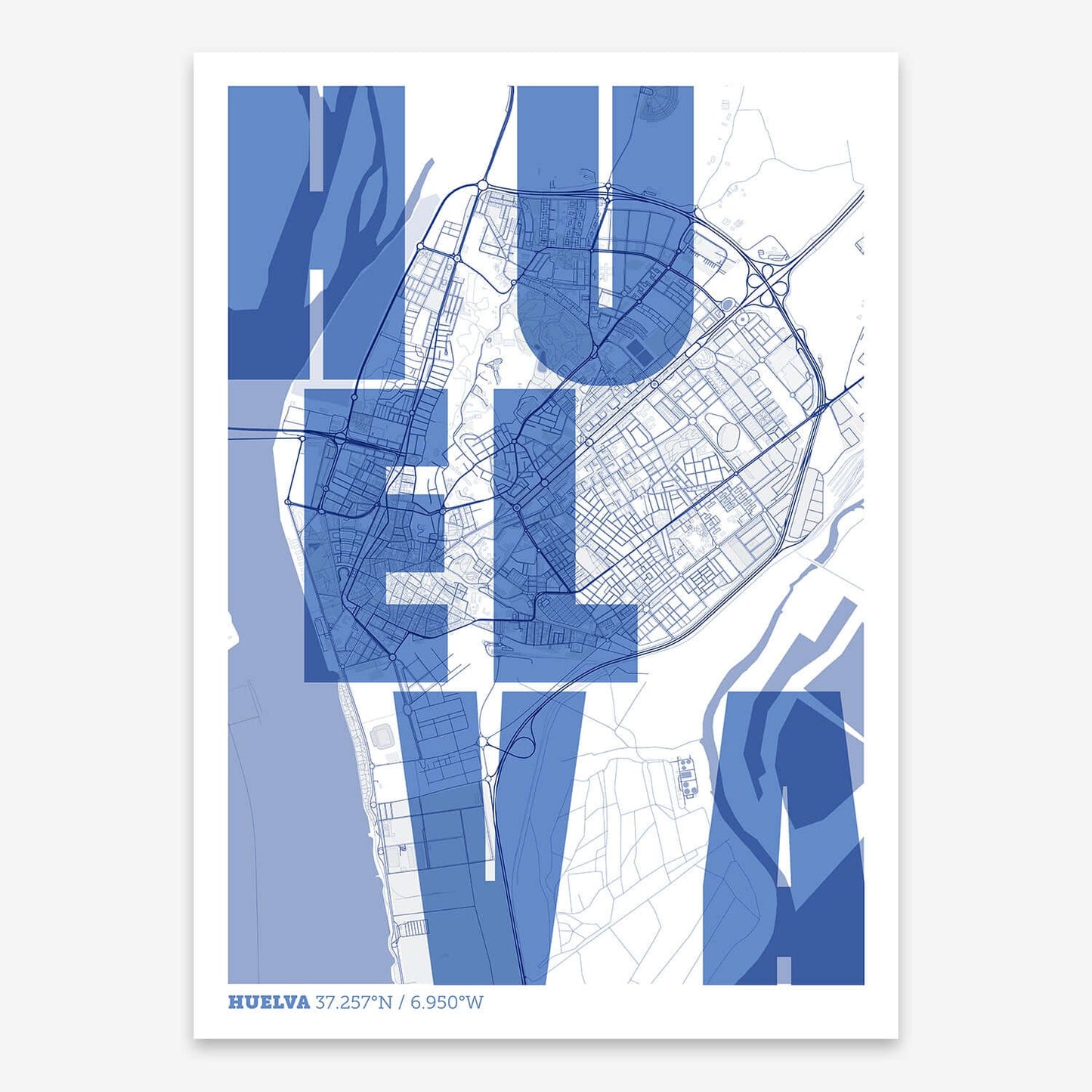 The map of Huelva with letters of its name placed randomly, designed in navy blue and white