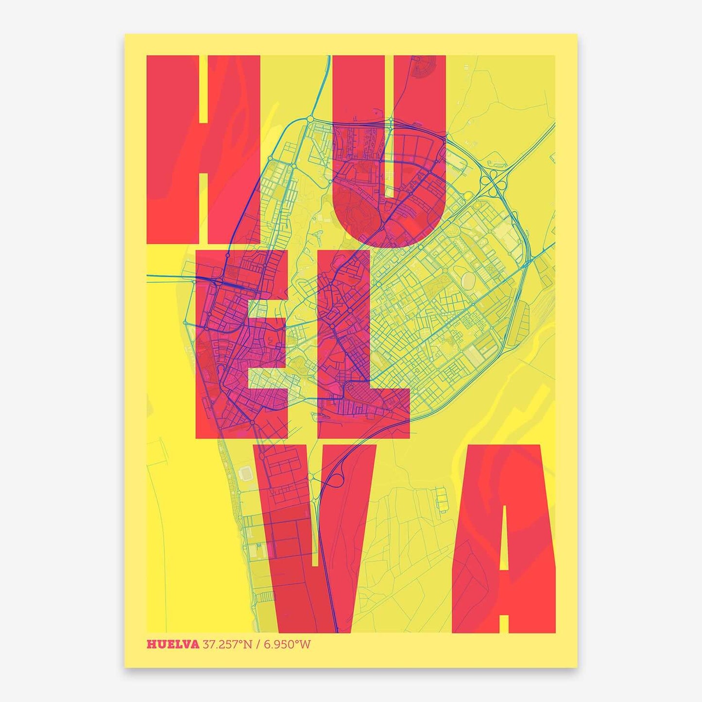 The map of Huelva with letters of its name placed randomly, designed in yellow and fuchsia