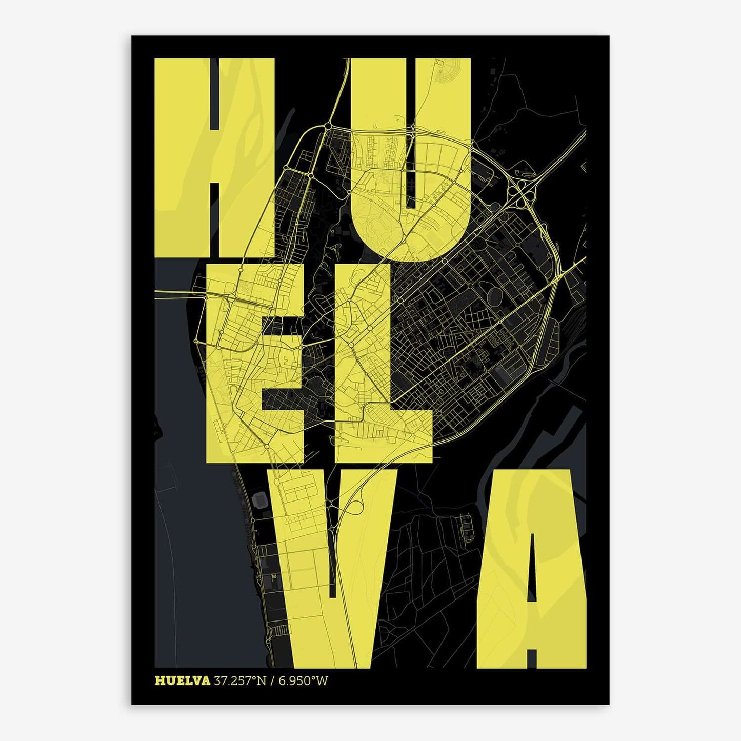 The map of Huelva with letters of its name placed randomly, designed in black and yellow